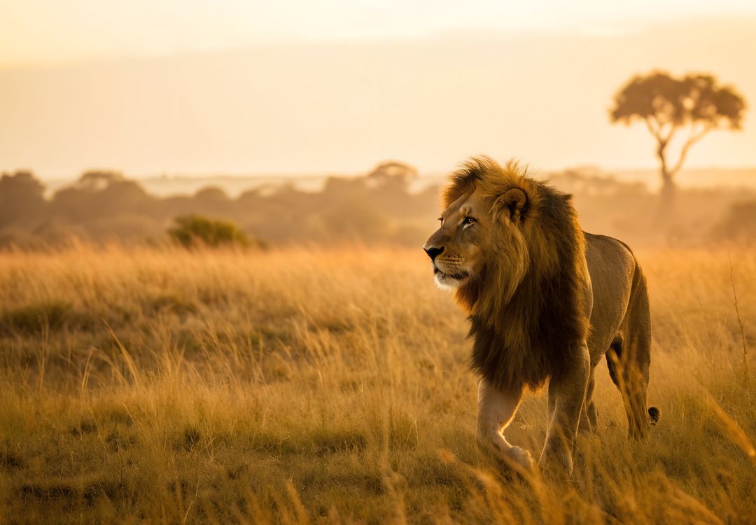 Majestic Male Lion Walking in Golden Grassland at Sunrise